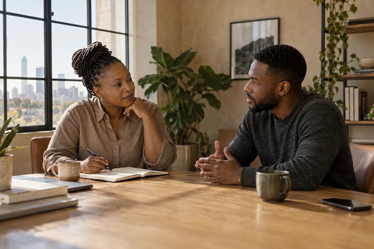 Two professionals in a thoughtful coaching conversation at a sunlit table