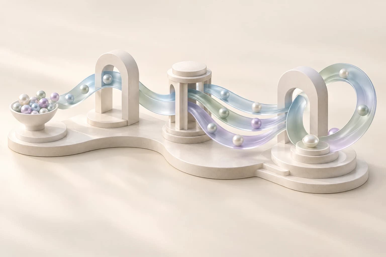 Pearlescent paths connect three sculptural stations, branching into coordinated workflows and returning in a continuous loop.