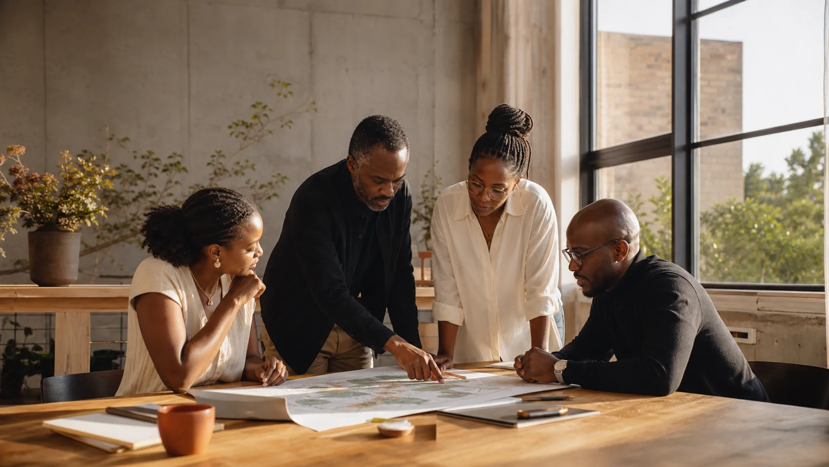 Four colleagues sharing ideas around a sunlit table