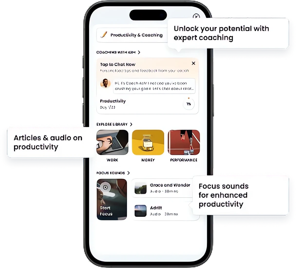 Productivity and coaching on mobile with Coach Ash, library and focus sounds
