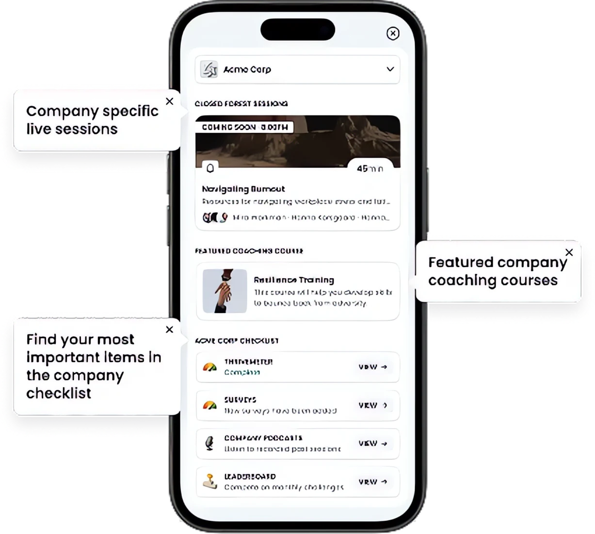 Acme Corp company hub on mobile with closed sessions, a featured course and the company checklist