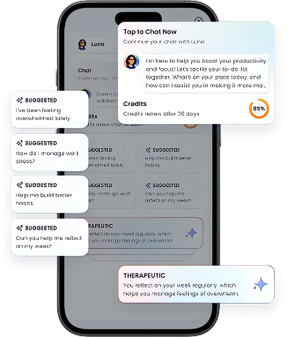 Luna chat on mobile with suggested prompts and a therapeutic insight