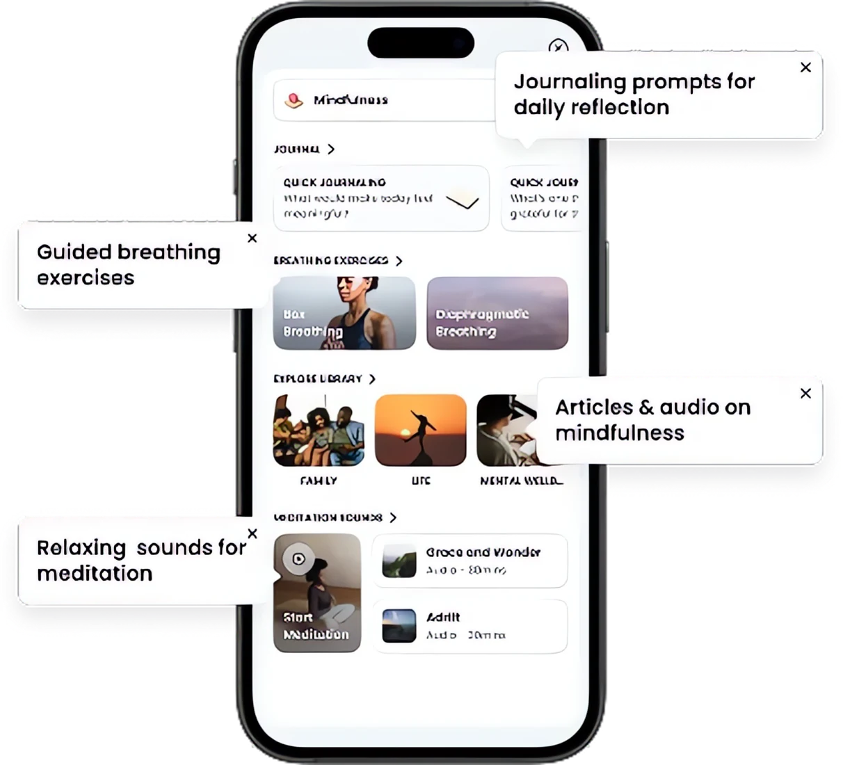 Mindfulness on mobile with journaling prompts, breathing exercises and meditation sounds