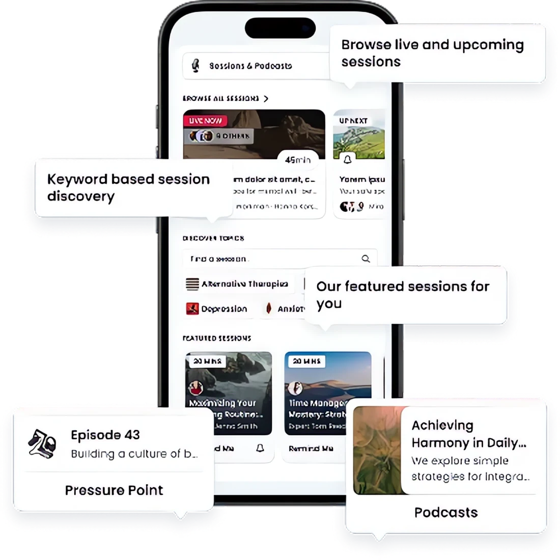 Sessions and podcasts on mobile with live, up next and featured sessions