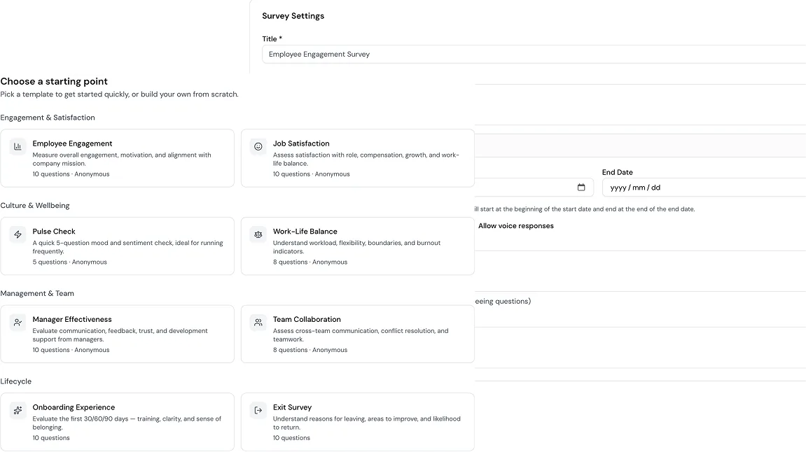 Survey templates and settings