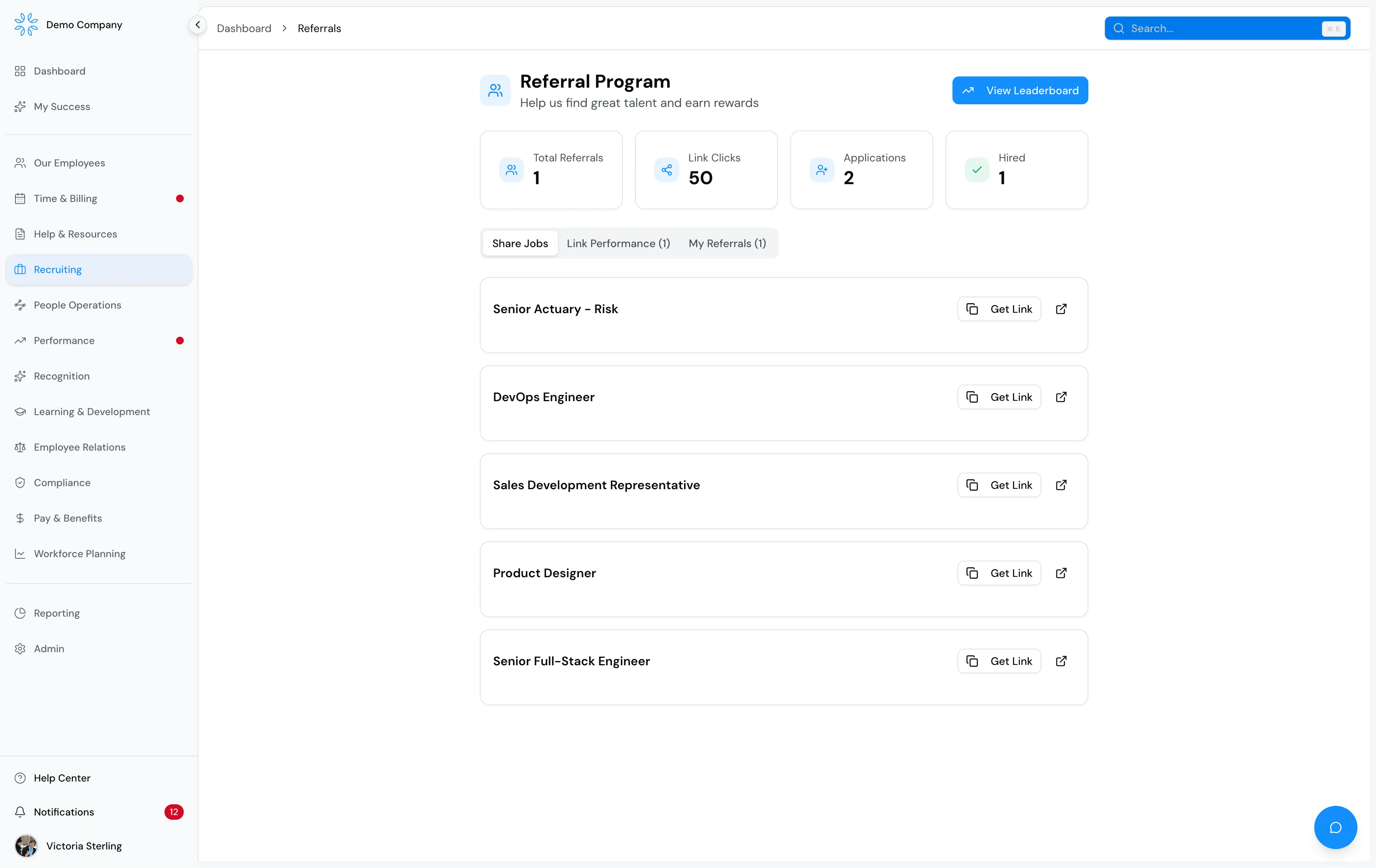 Referral programme dashboard